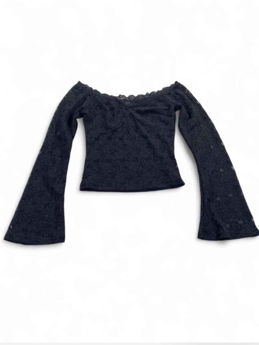 Black Sheer Lace Off-Shoulder Bell Sleeve Top Whimsigoth Boho Hippie Size Small